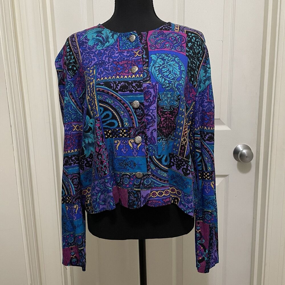 Vintage Special Effects Button Down Top 100% Rayon USA Made Purple Blue‎ Sz 16 T